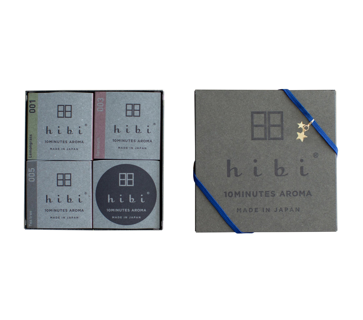 An opened grey Hibi 10 Minutes Aroma gift box containing three packs of Lemongrass, Geranium, Tea and Tree incense matches, and a non-flammable incense mat. The gift box cover is wrapped with a blue ribbon and a golden star charm. All set in a white background.