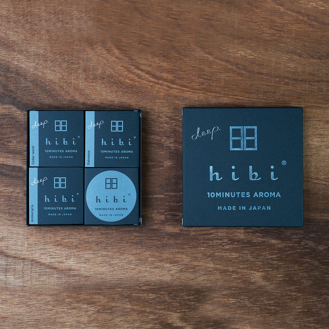 An opened Hibi 10 Minutes Aroma gift box containing three packs of Cedar Wood, Oak Moss, and Ambergris incense matches and a non-flammable incense mat All set in a wood background