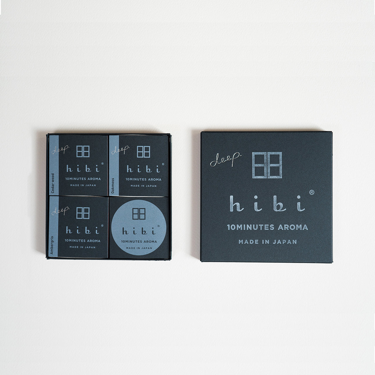 An opened Hibi 10 Minutes Aroma gift box containing three packs of Mimosa, Japanese Wisteria, Peony incense matches and a non-flammable incense mat. All set in a white background