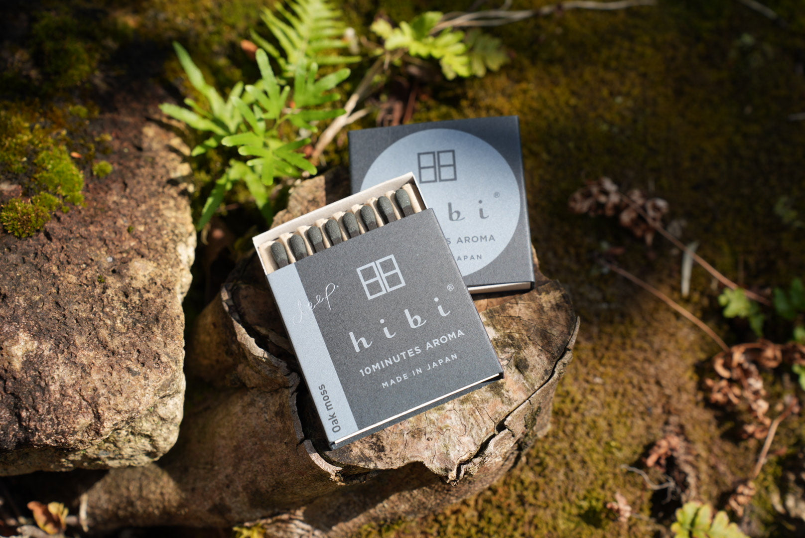 Hibi Oak Moss incense sits on a rock with greenery in the background